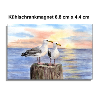 Kühlschrankmagnet - Möwen auf Pfahl im Sonnenuntergang - AL3